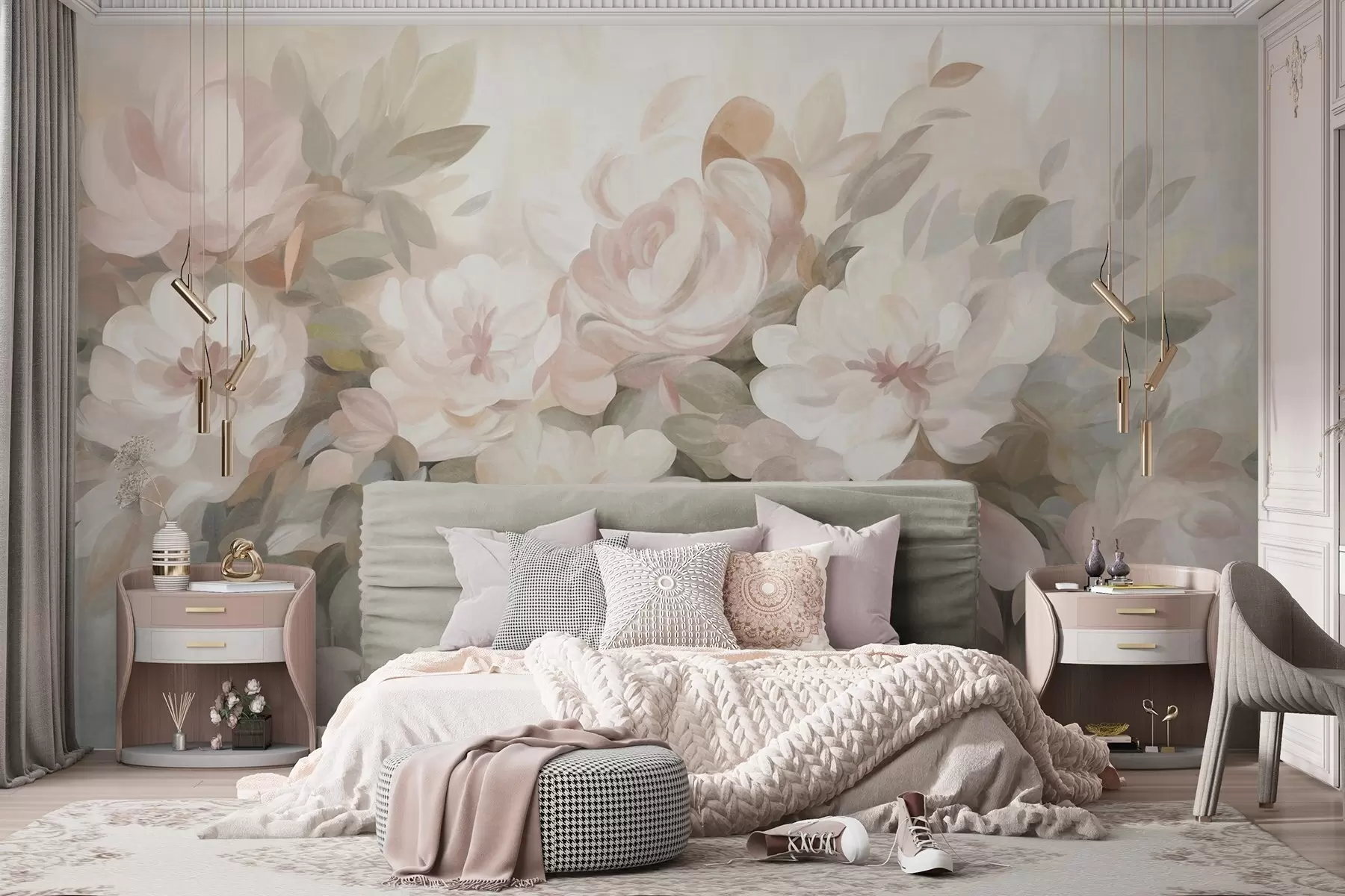 wall murals Pale pink and white flowers with green leaves, painted style, impressionistic style, textured art w09824