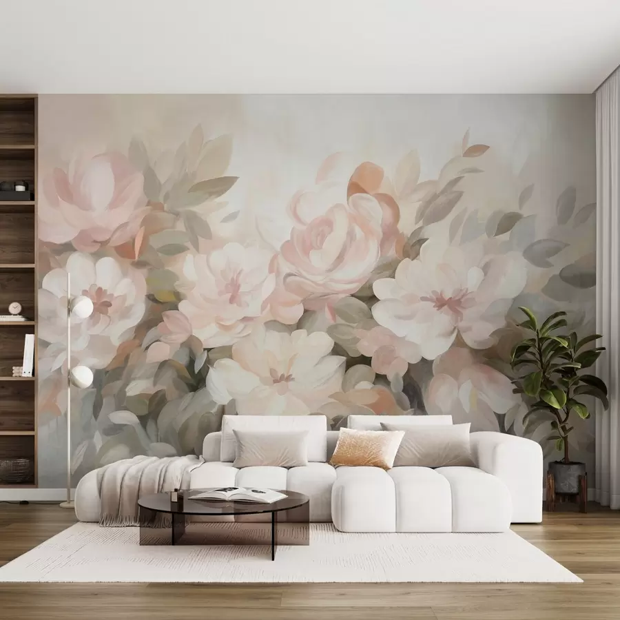 wall murals Pale pink and white flowers with green leaves, painted style, impressionistic style, textured art w09824