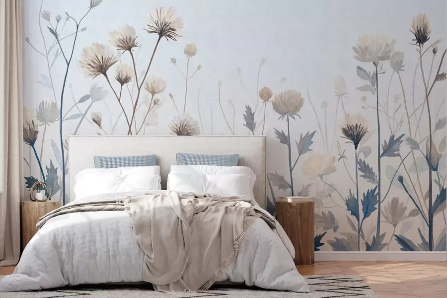 wall murals Wild field grasses and flowers painted in a scenic style against a light background w05563