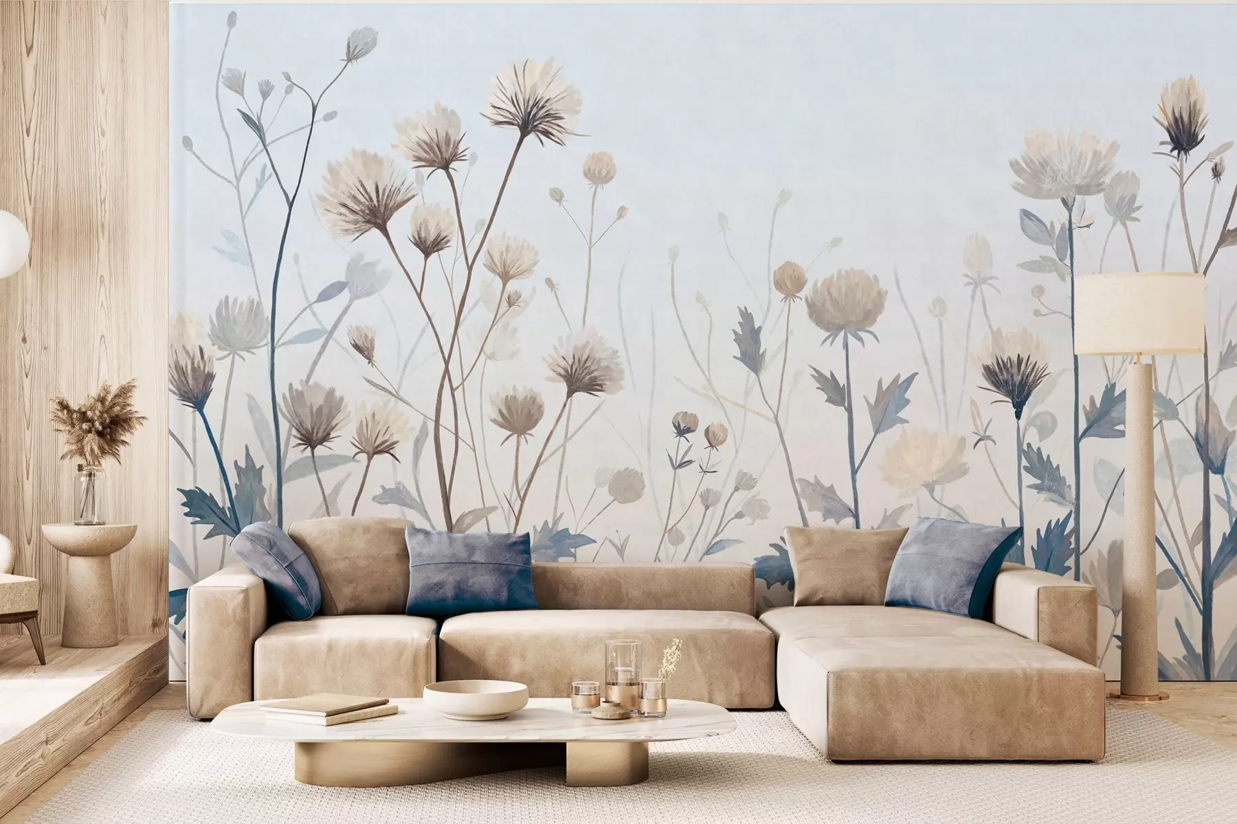 wall murals Wild field grasses and flowers painted in a scenic style against a light background w05563