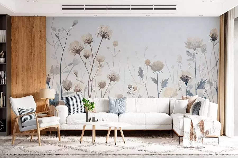 wall murals Wild field grasses and flowers painted in a scenic style against a light background w05563