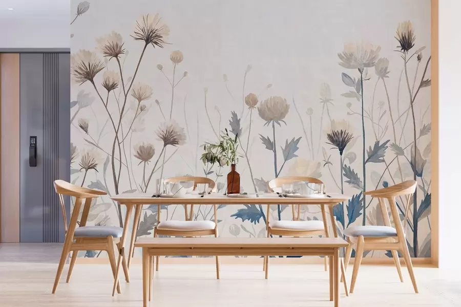 wall murals Wild field grasses and flowers painted in a scenic style against a light background w05563