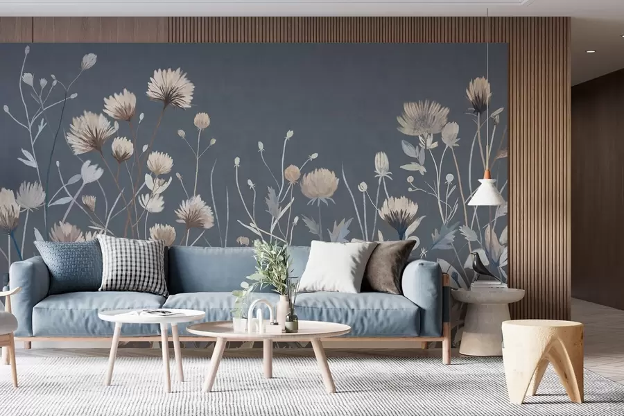 wall murals Wild wildflowers and grasses rendered in a painterly style against a dark blue background w05563v1