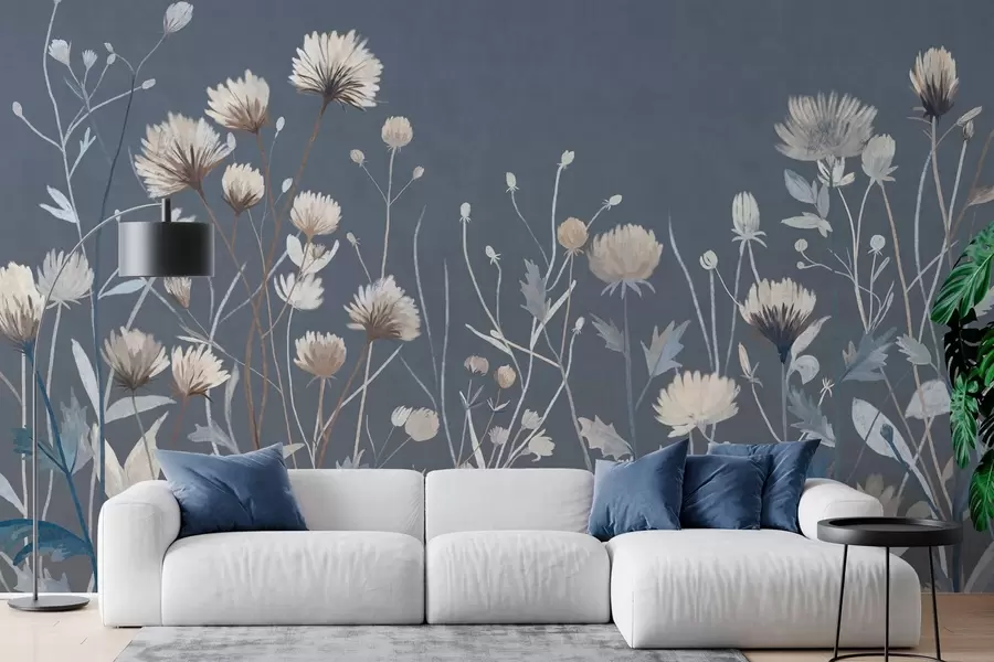 wall murals Wild wildflowers and grasses rendered in a painterly style against a dark blue background w05563v1