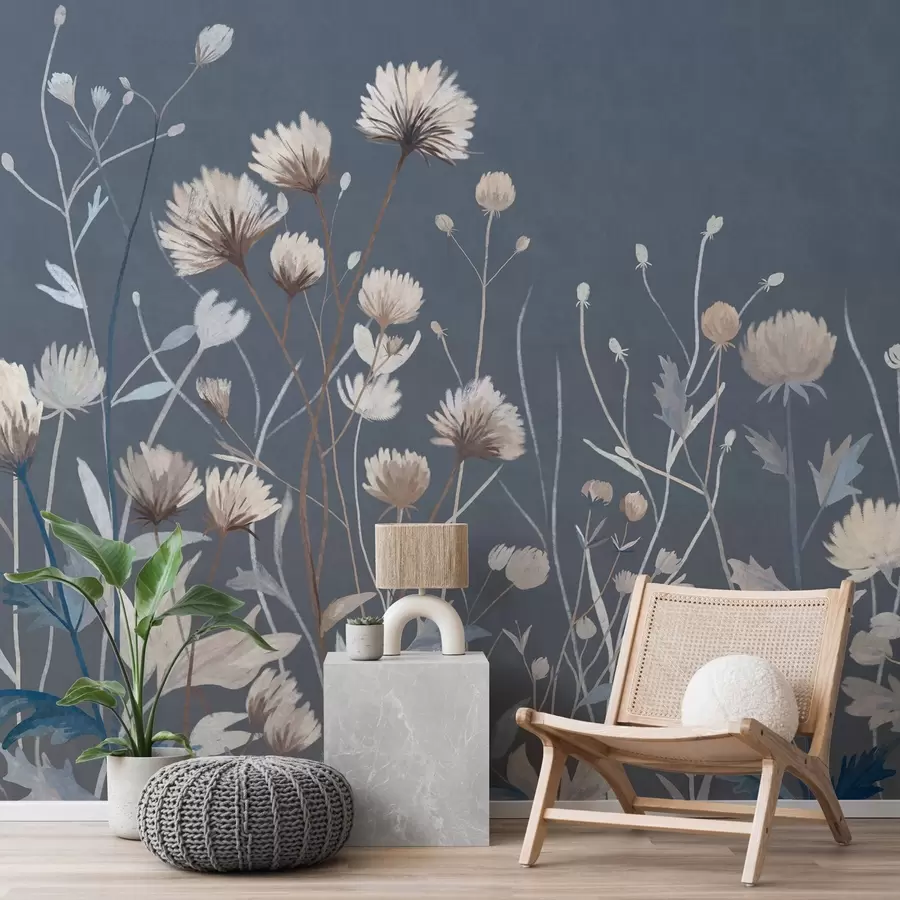 wall murals Wild wildflowers and grasses rendered in a painterly style against a dark blue background w05563v1