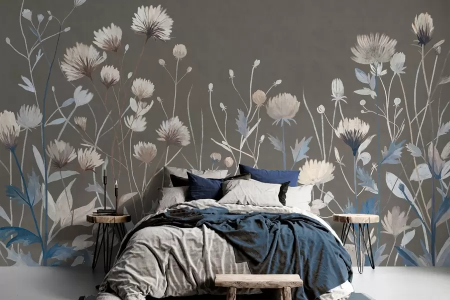 wall murals Wild field grasses and flowers rendered in a painterly style against a grey-brown background w05563v2