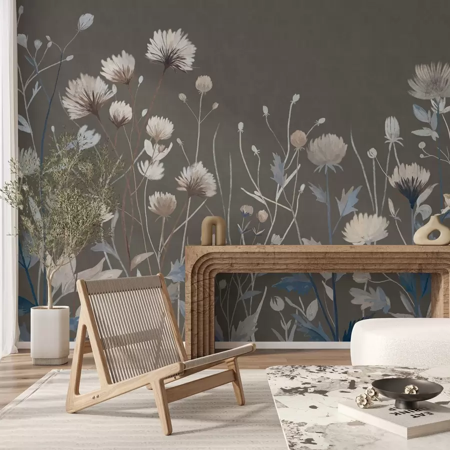 wall murals Wild field grasses and flowers rendered in a painterly style against a grey-brown background w05563v2