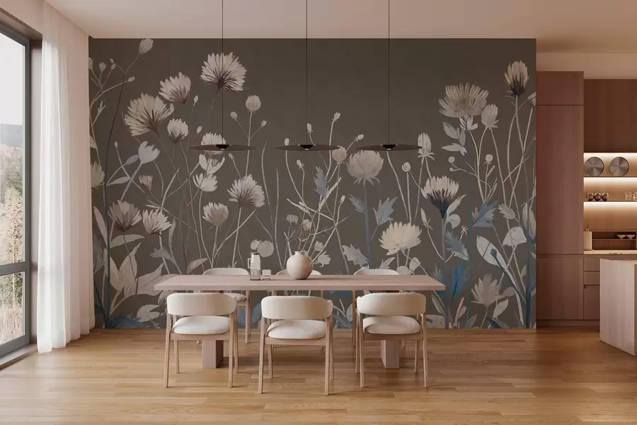wall murals Wild field grasses and flowers rendered in a painterly style against a grey-brown background w05563v2