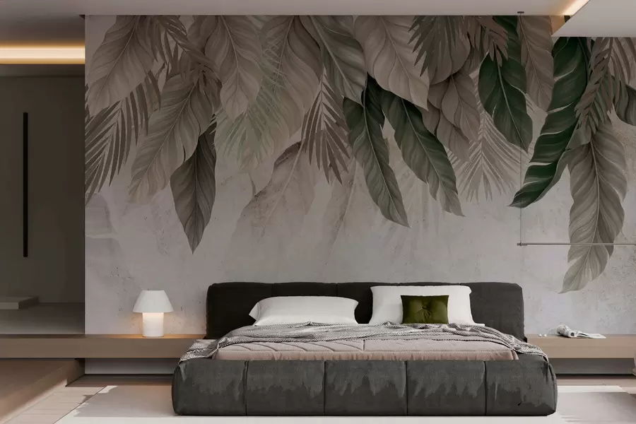 wall murals Tropical hanging leaves on concrete w05521