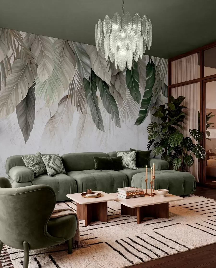 wall murals Tropical hanging leaves on concrete w05521