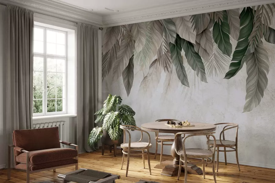 wall murals Tropical hanging leaves on concrete w05521