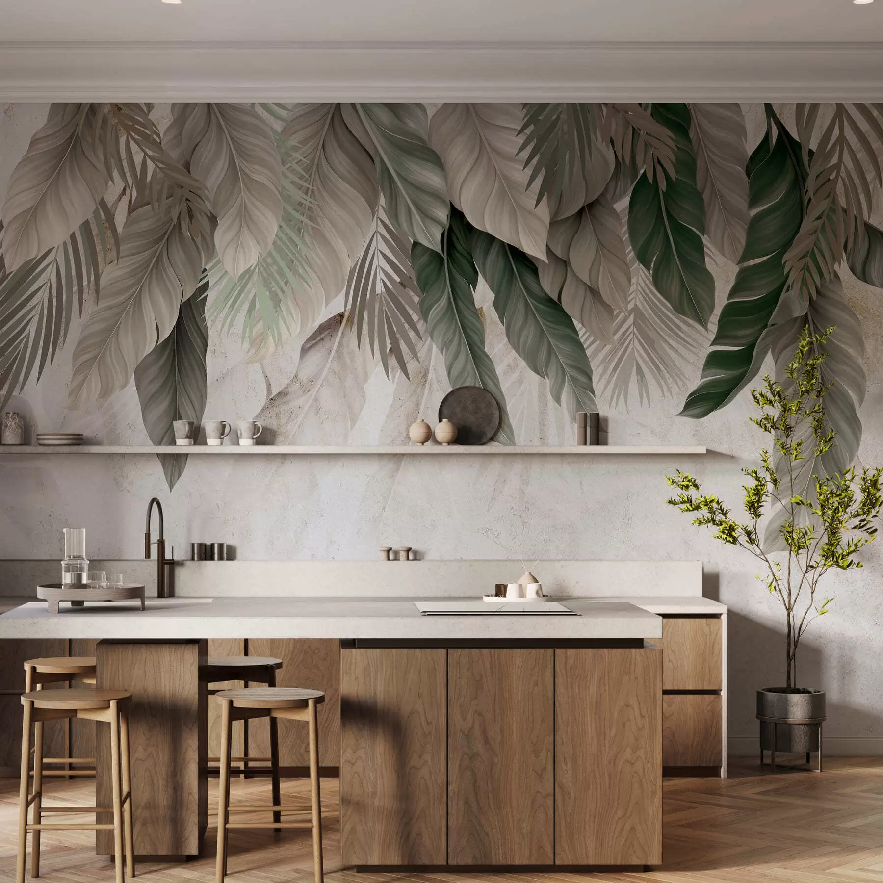 wall murals Tropical hanging leaves on concrete w05521