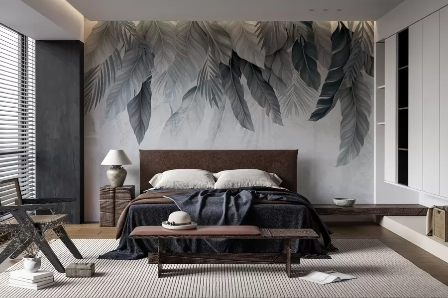 wall murals Tropical hanging leaves on concrete w05521v1