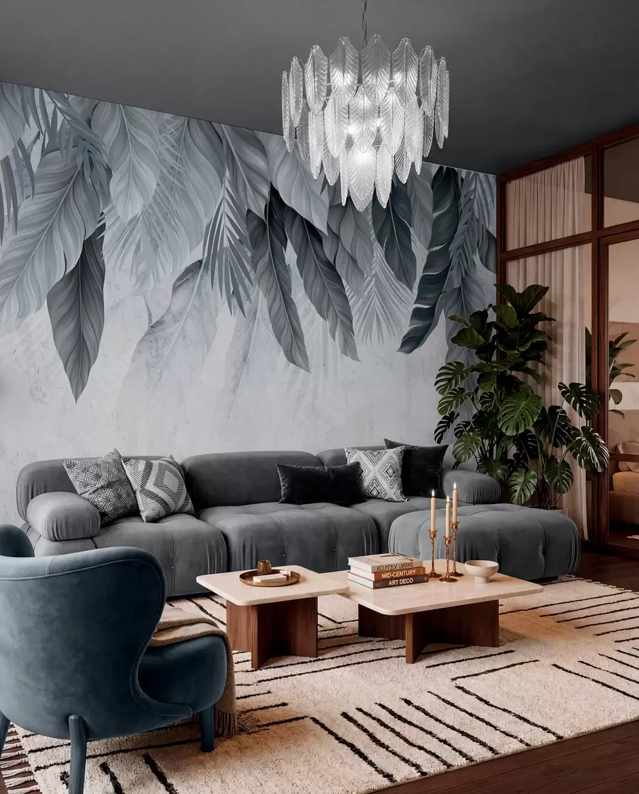 wall murals Tropical hanging leaves on concrete w05521v1