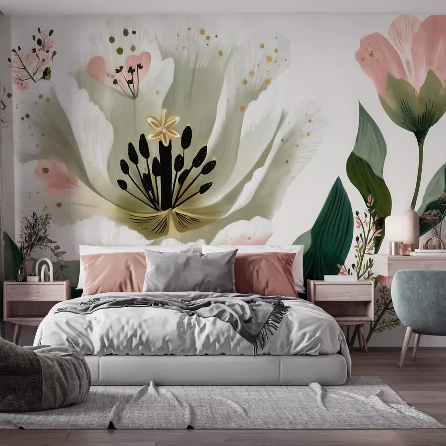 wall murals A flower with green leaves and soft pink accents in watercolor style w09836
