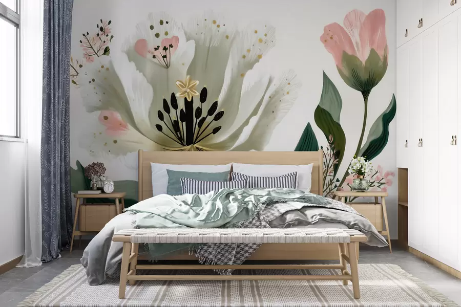 wall murals A flower with green leaves and soft pink accents in watercolor style w09836
