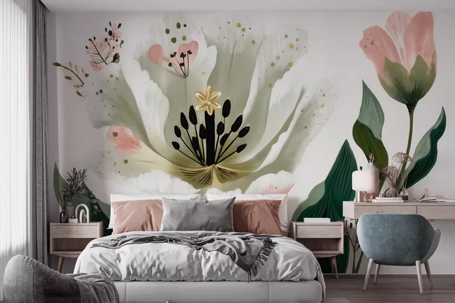 wall murals A flower with green leaves and soft pink accents in watercolor style w09836