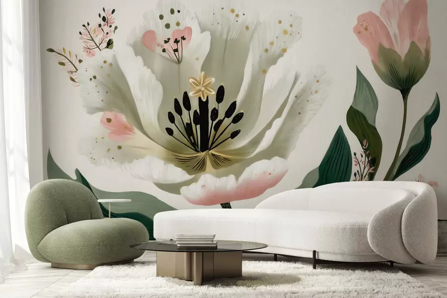 wall murals A flower with green leaves and soft pink accents in watercolor style w09836