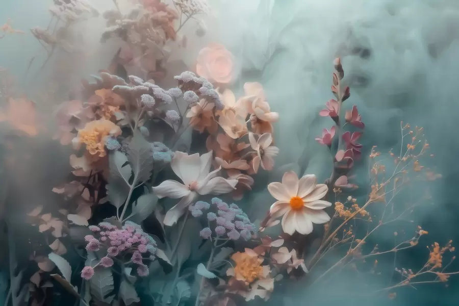 wall murals A dreamy composition of wildflowers in a light haze of pastel tones w09846