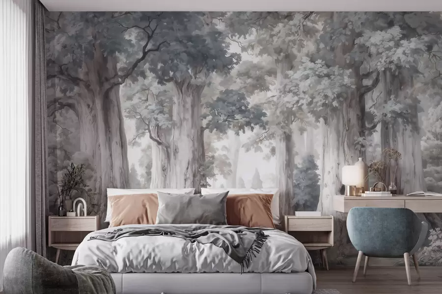 wall murals A fairytale forest with tall trees and a gentle muted palette in watercolor style w09849
