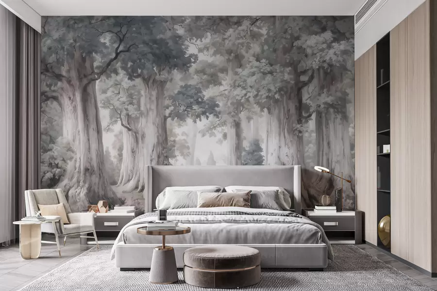 wall murals A fairytale forest with tall trees and a gentle muted palette in watercolor style w09849