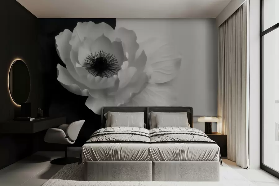 wall murals A contrasting white flower with a dark center on a black-and-white background w09852