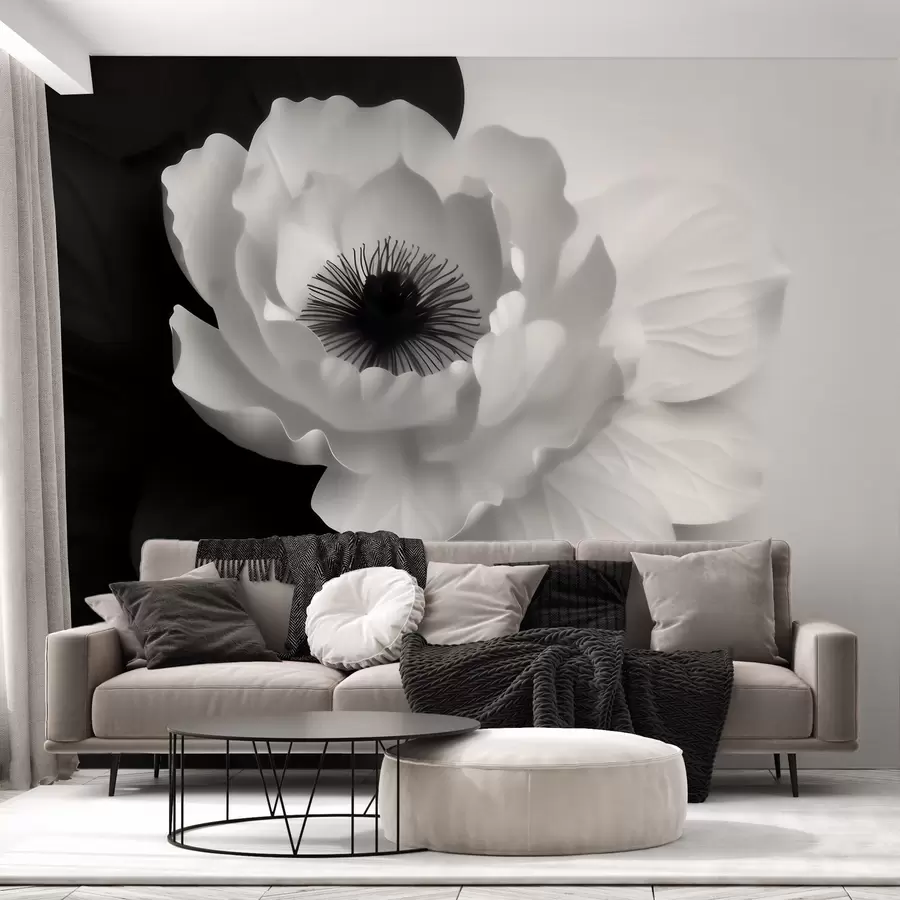 wall murals A contrasting white flower with a dark center on a black-and-white background w09852