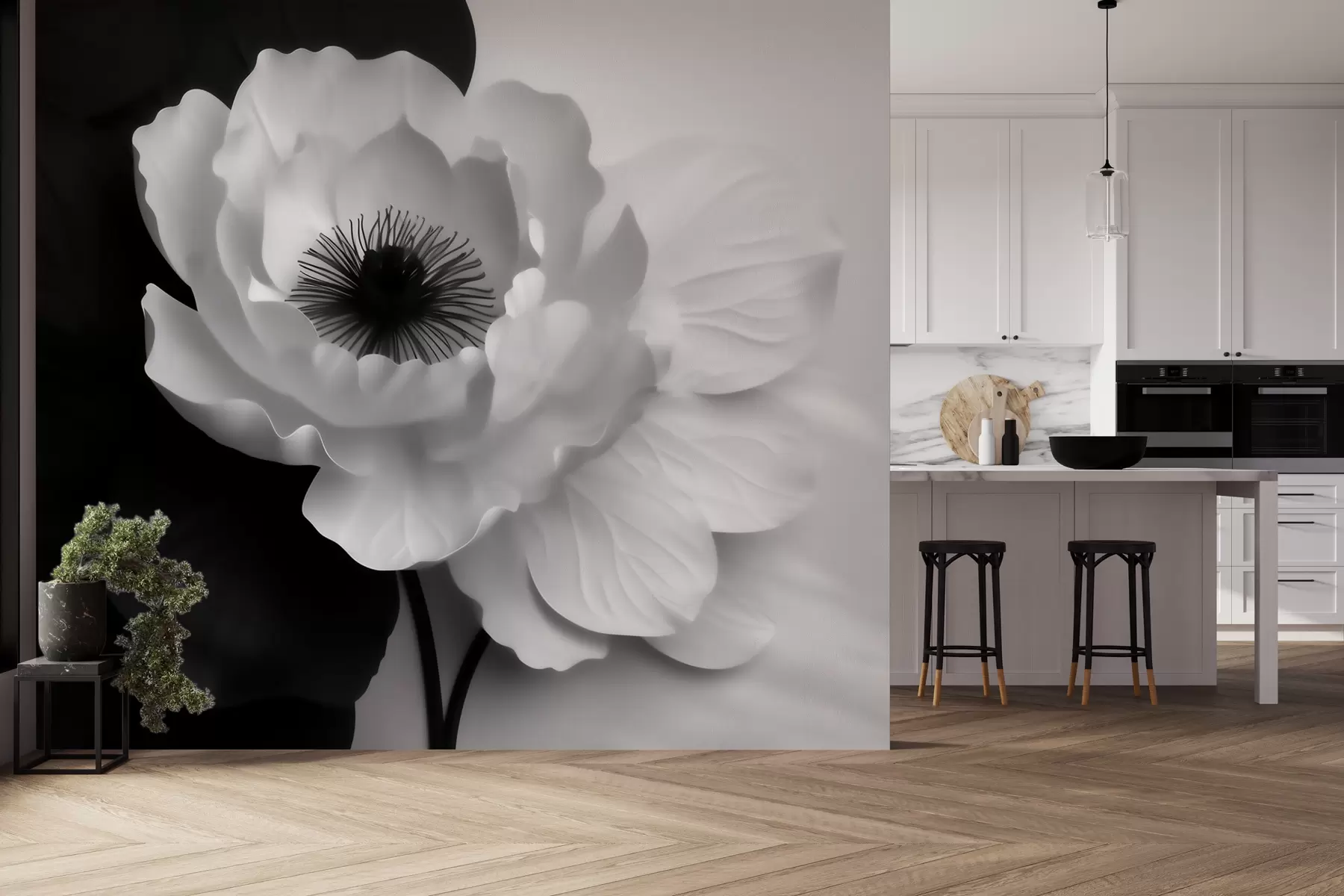 wall murals A contrasting white flower with a dark center on a black-and-white background w09852