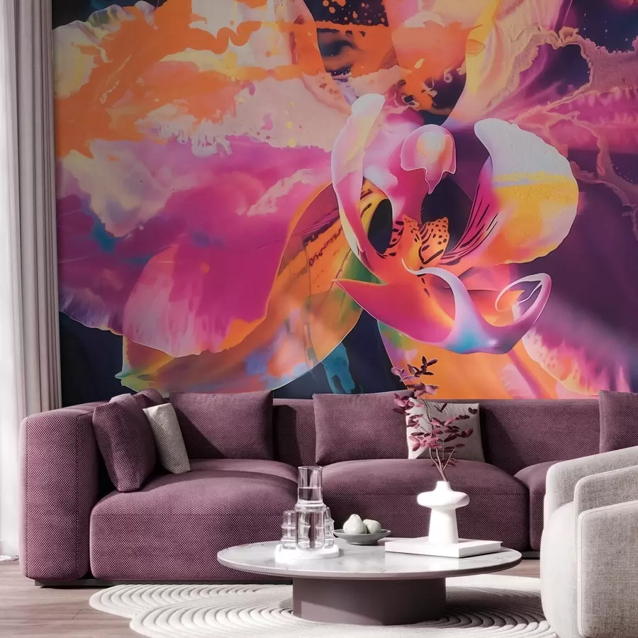 wall murals A vibrant abstract orchid flower with rich colors and dynamic forms in watercolor style w09855