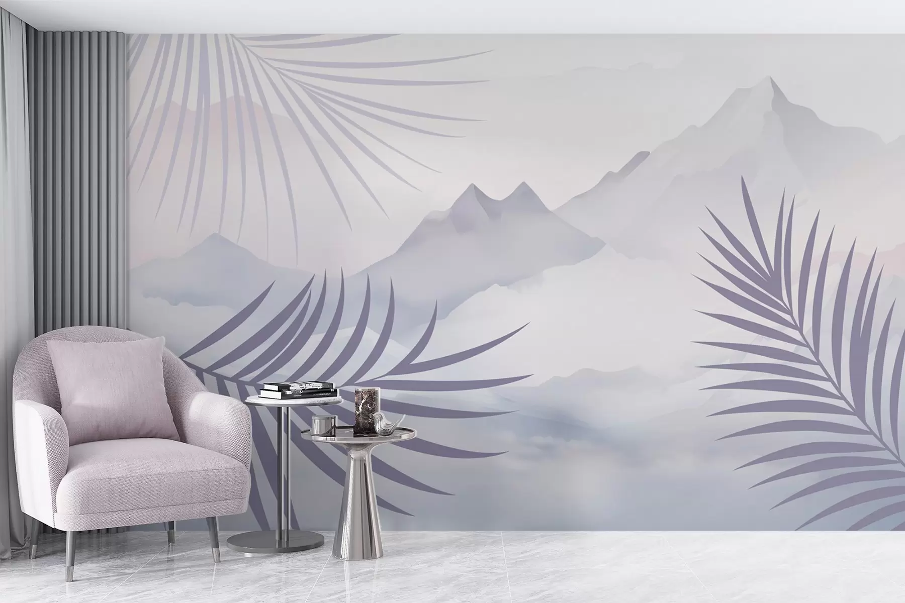 wall murals Palm leaves against the backdrop of mountains w05548