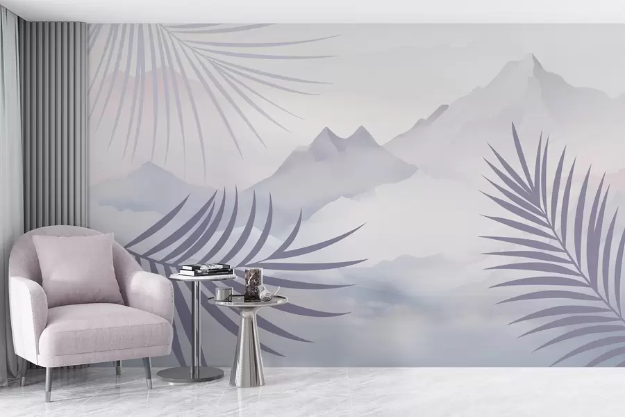 wall murals Palm leaves against the backdrop of mountains w05548