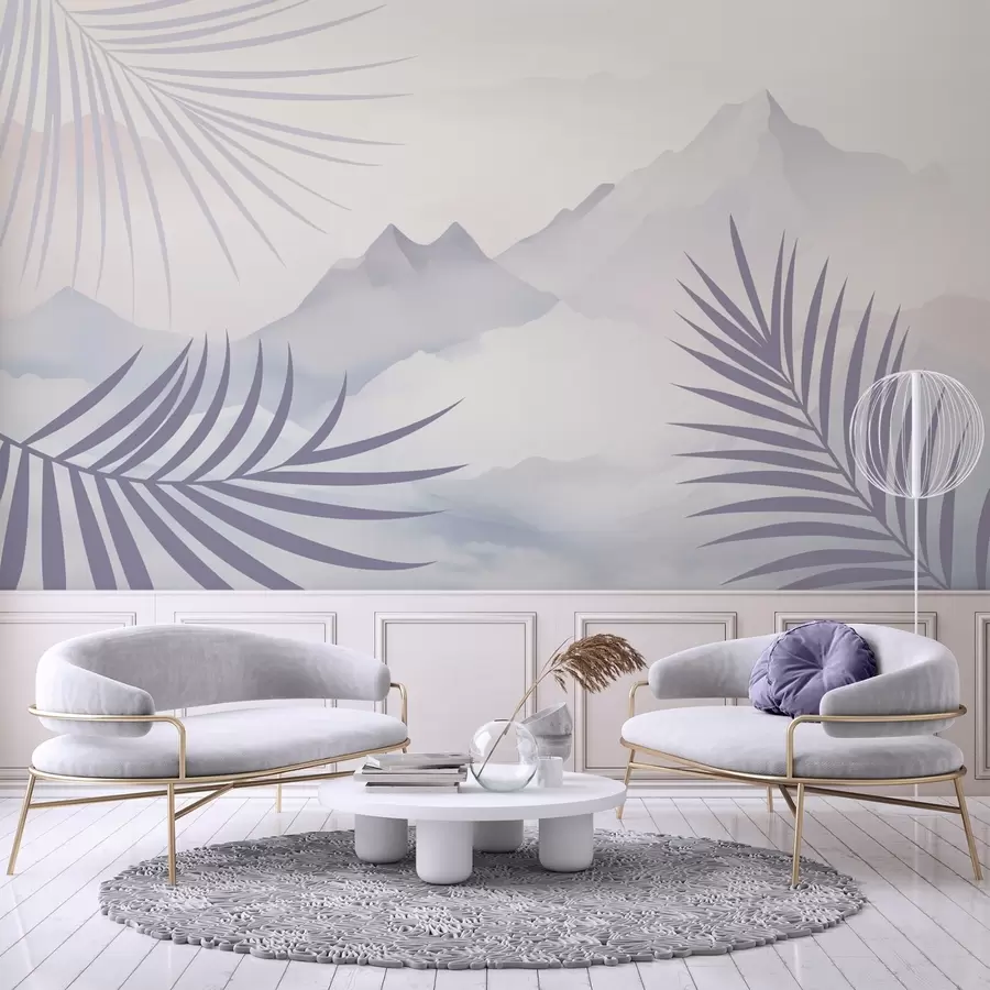 wall murals Palm leaves against the backdrop of mountains w05548