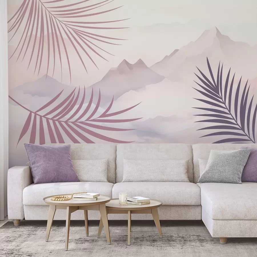 wall murals Palm leaves against the backdrop of mountains w05548v1