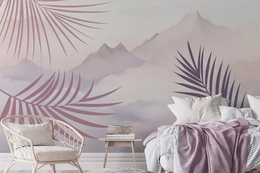 wall murals Palm leaves against the backdrop of mountains w05548v1