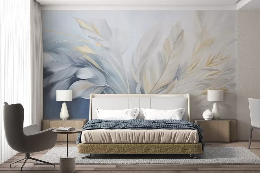 wall murals Textured feathers with yellow accents, against a soft background of pale blue and white w09826