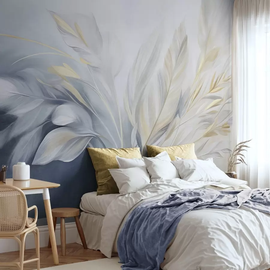 wall murals Textured feathers with yellow accents, against a soft background of pale blue and white w09826