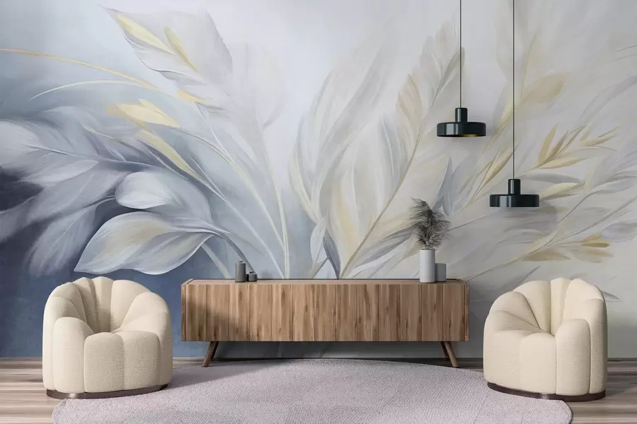 wall murals Textured feathers with yellow accents, against a soft background of pale blue and white w09826