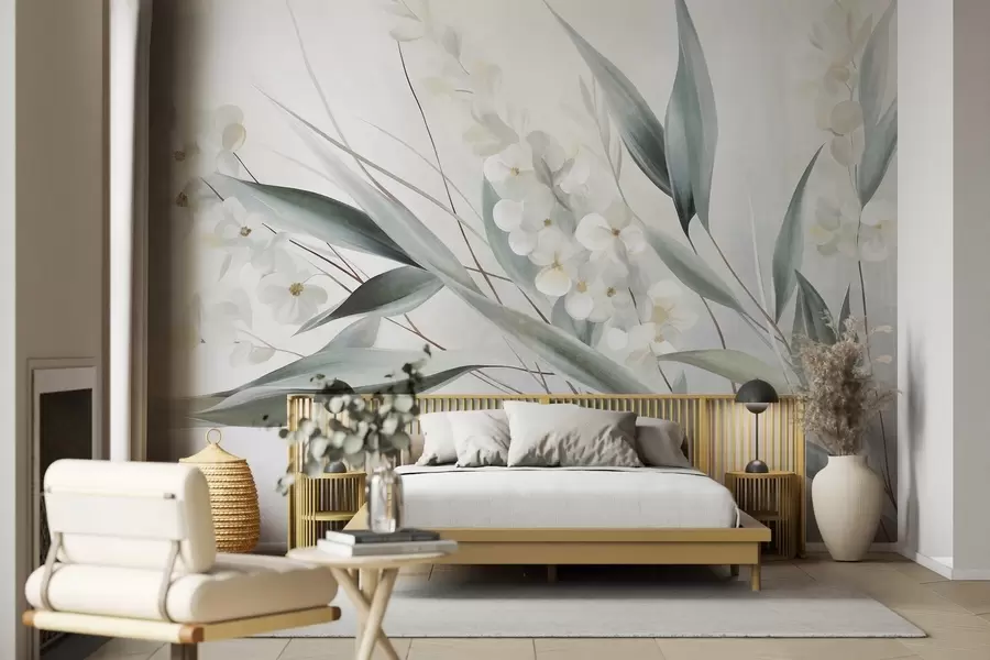 wall murals Delicate flowers and long green leaves in a painterly style with subtle brushstrokes, textured art w09827