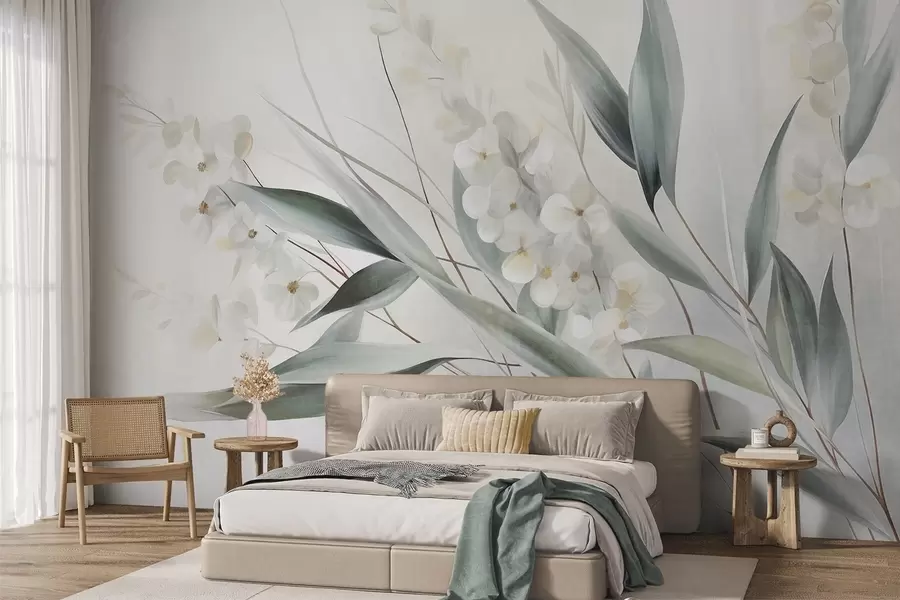 wall murals Delicate flowers and long green leaves in a painterly style with subtle brushstrokes, textured art w09827