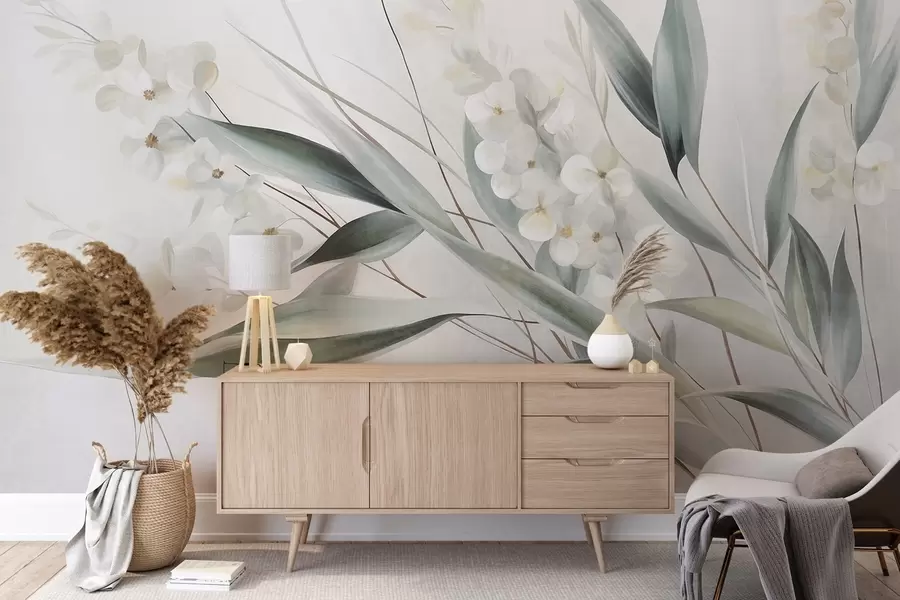 wall murals Delicate flowers and long green leaves in a painterly style with subtle brushstrokes, textured art w09827