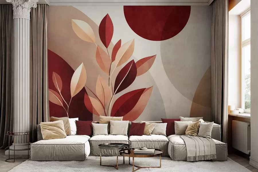 wall murals Textured bordo and beige leaves on a background of abstract shapes, minimalism, modern art w09829