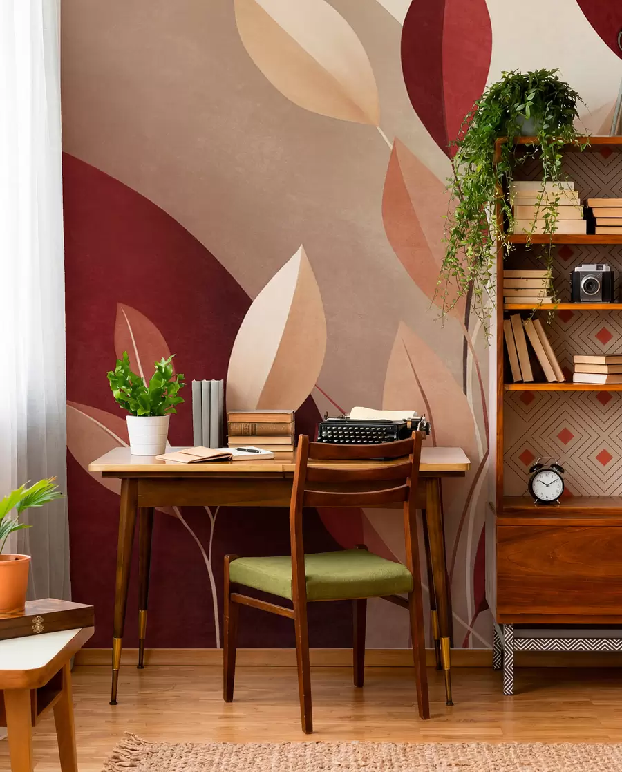 wall murals Textured bordo and beige leaves on a background of abstract shapes, minimalism, modern art w09829