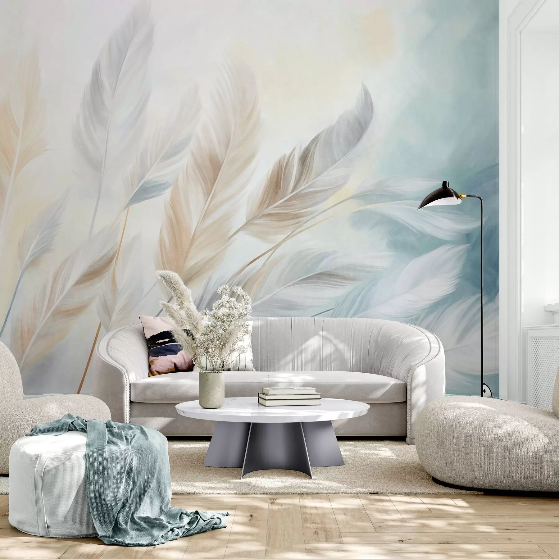 wall murals Textured pastel feathers with soft, wispy edges, against a background in watercolor style w09833