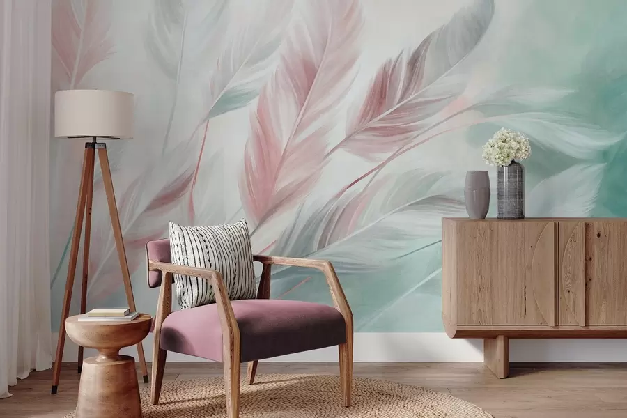 wall murals Textured pastel feathers with soft, wispy edges, against a background in watercolor style w09833v1