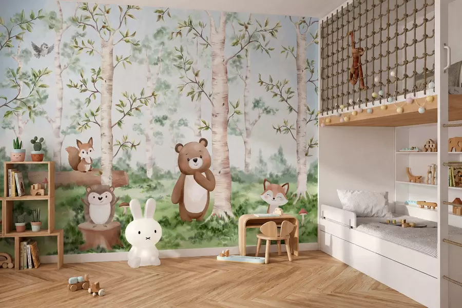 wall murals A children's illustration of a forest featuring a bear, a fox, and a hedgehog w05532