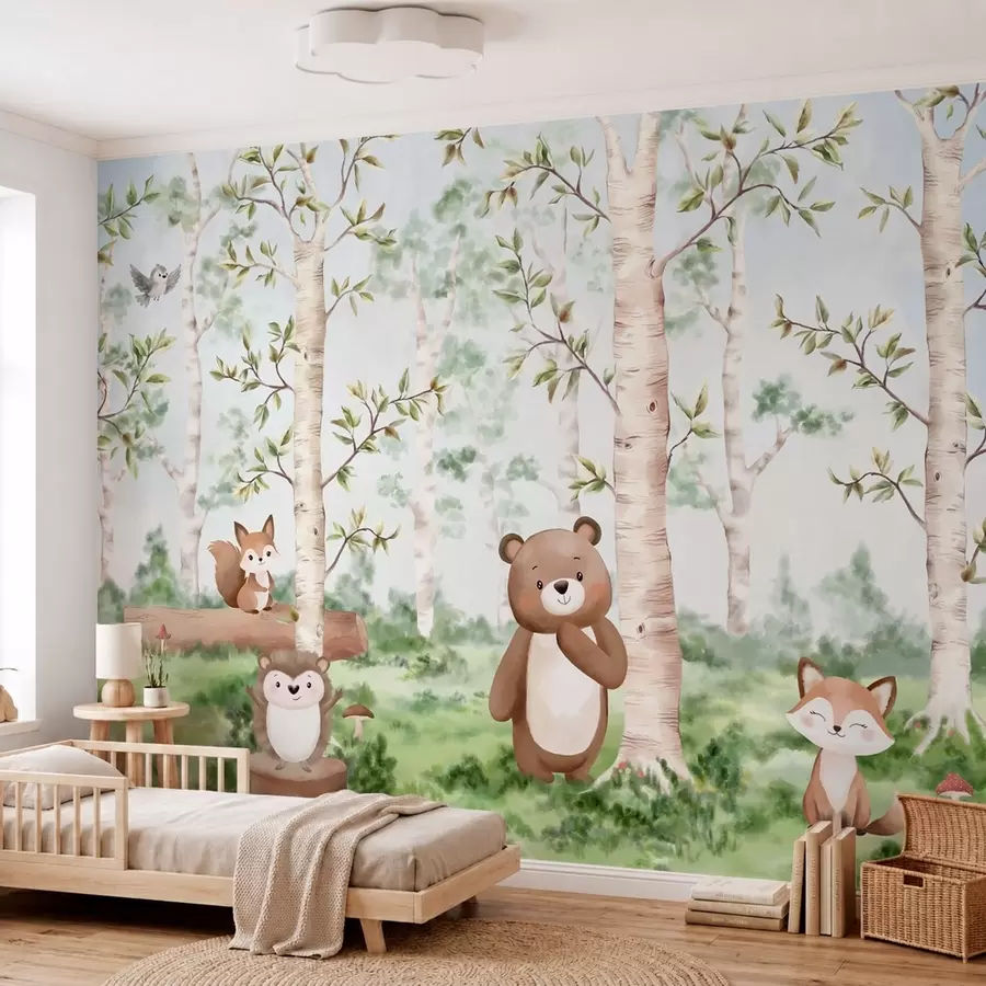 wall murals A children's illustration of a forest featuring a bear, a fox, and a hedgehog w05532