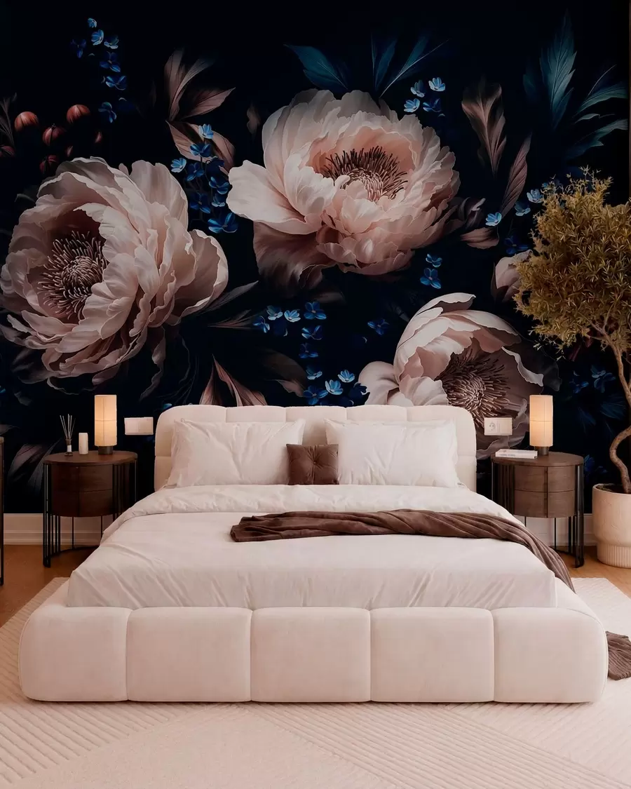 wall murals Dark floral composition with large flowers and leaves w05533