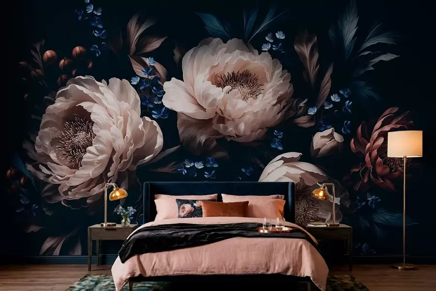 wall murals Dark floral composition with large flowers and leaves w05533