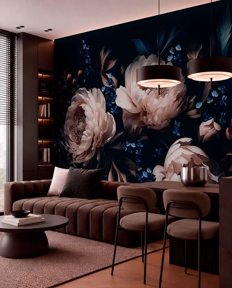 wall murals Dark floral composition with large flowers and leaves w05533