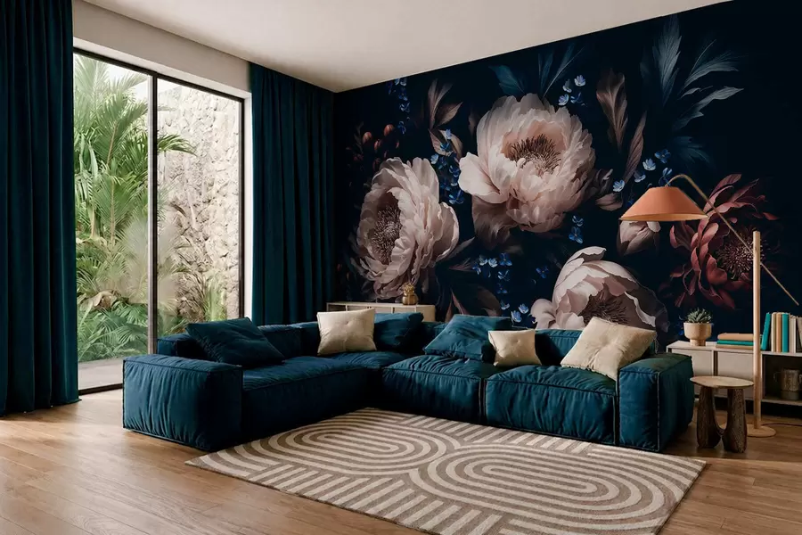 wall murals Dark floral composition with large flowers and leaves w05533